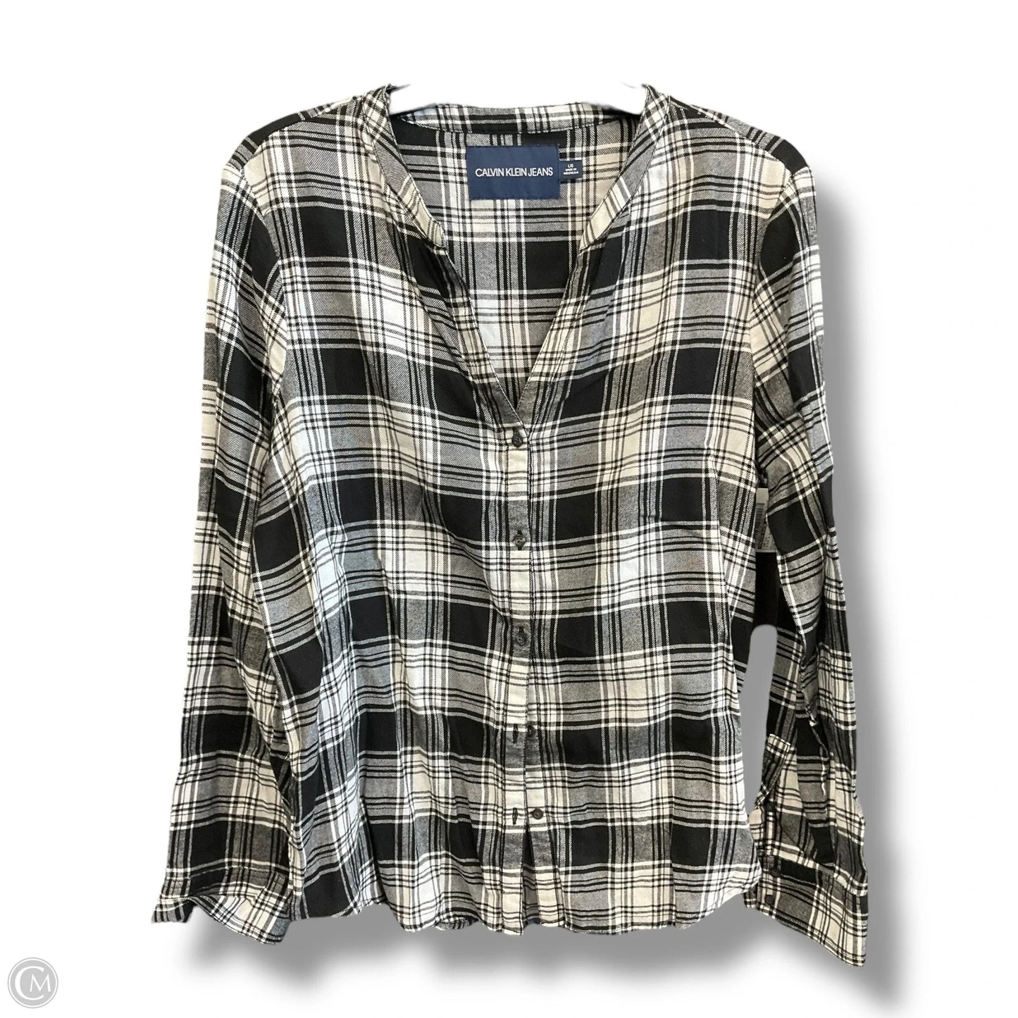 Top Long Sleeve By Calvin Klein In Black & White, Size: L