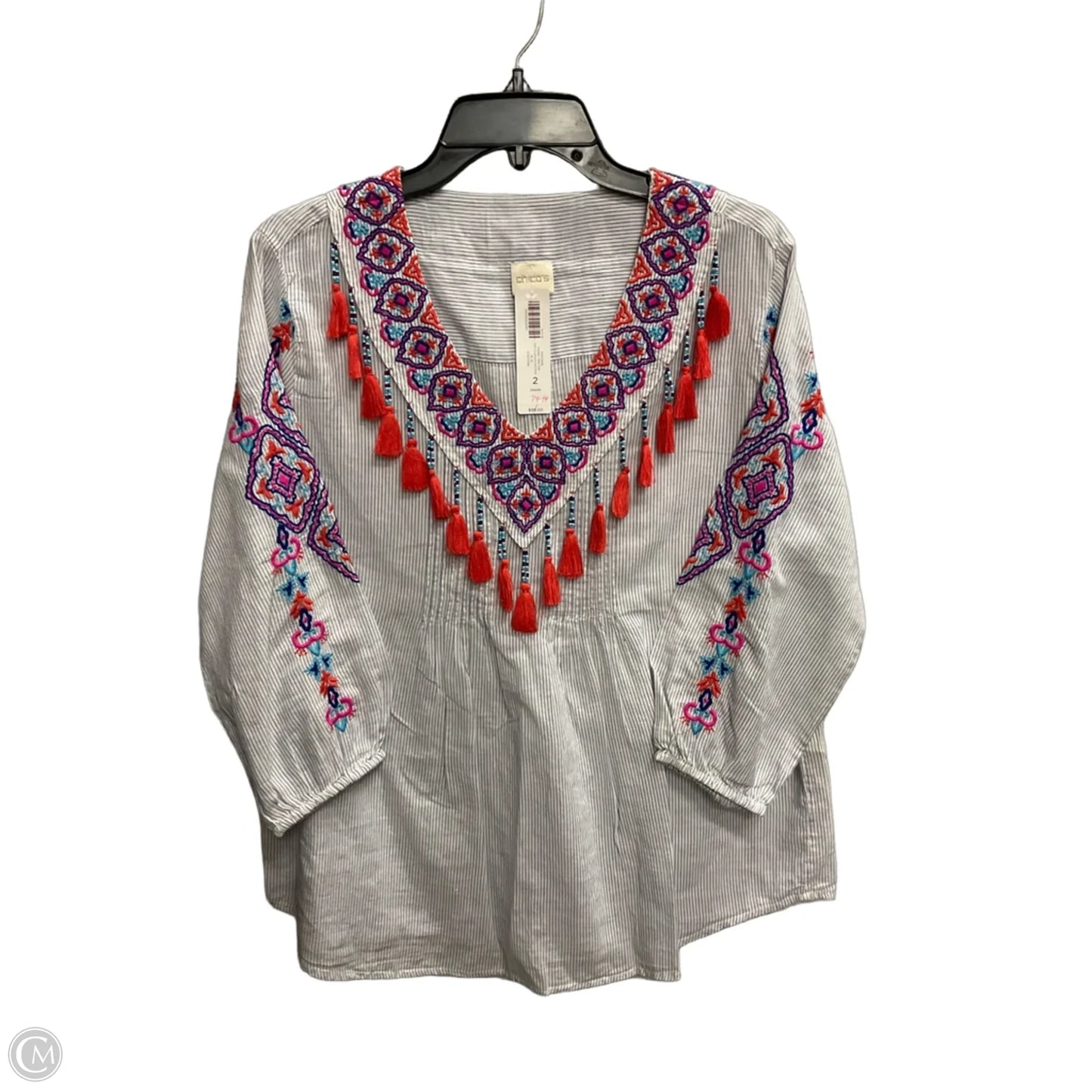 Top 3/4 Sleeve By Chicos In Striped Pattern, Size: L