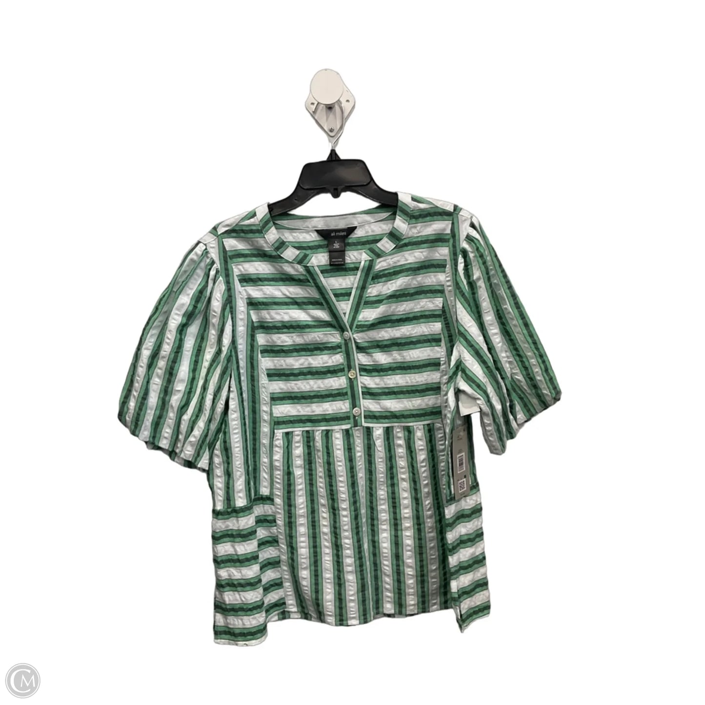 Blouse Short Sleeve By Ali Miles In Green & White, Size: L
