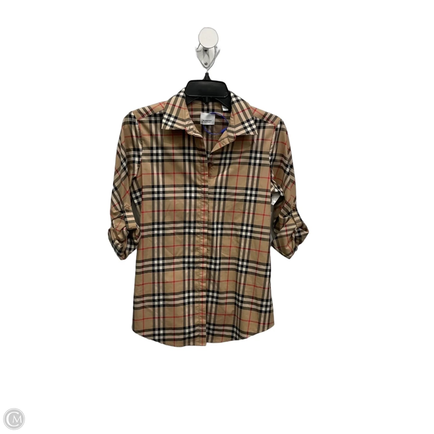 Blouse Luxury Designer By Burberry In Plaid Pattern, Size: S