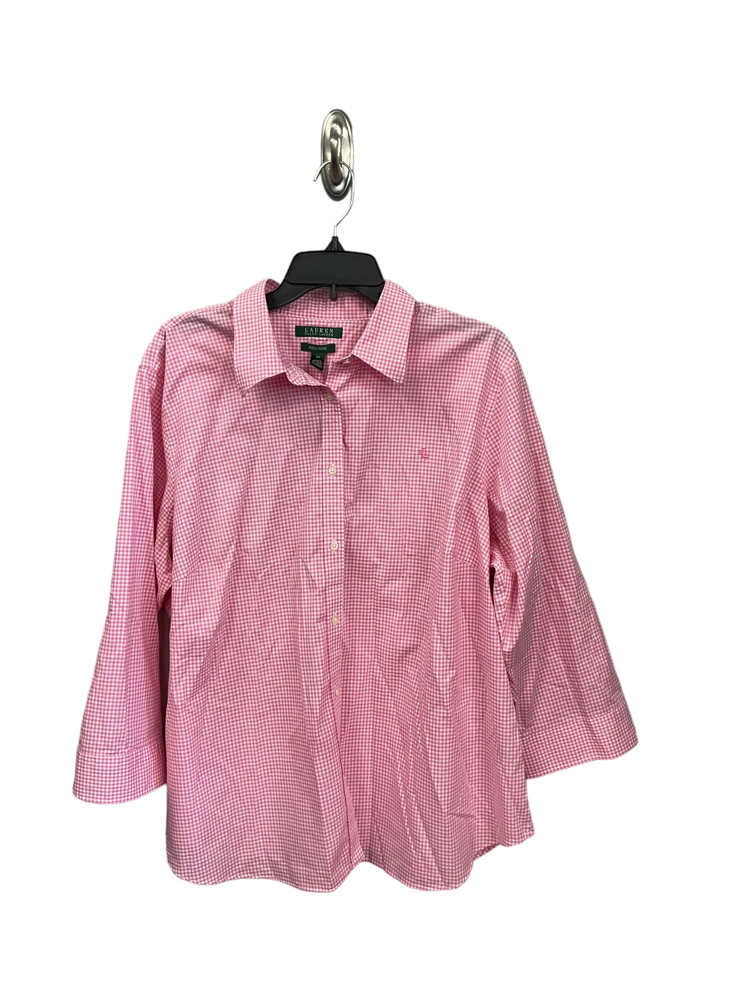 Pink & White Blouse Long Sleeve Lauren By Ralph Lauren, Size 2x