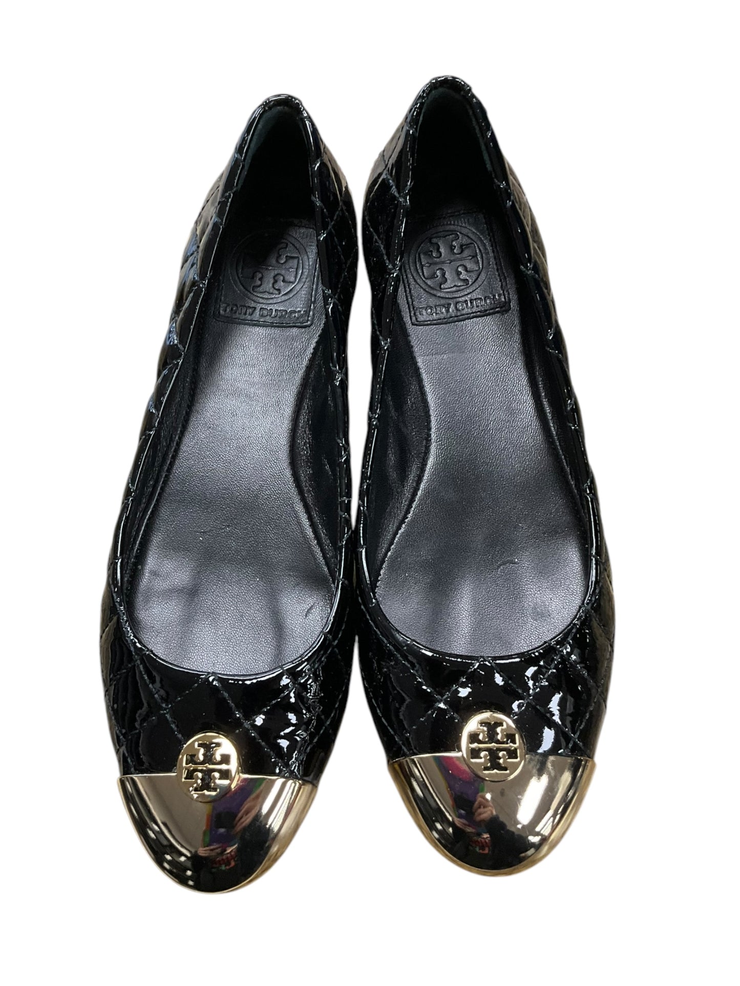 Shoes Designer By Tory Burch In Black & Gold, Size: 6.5