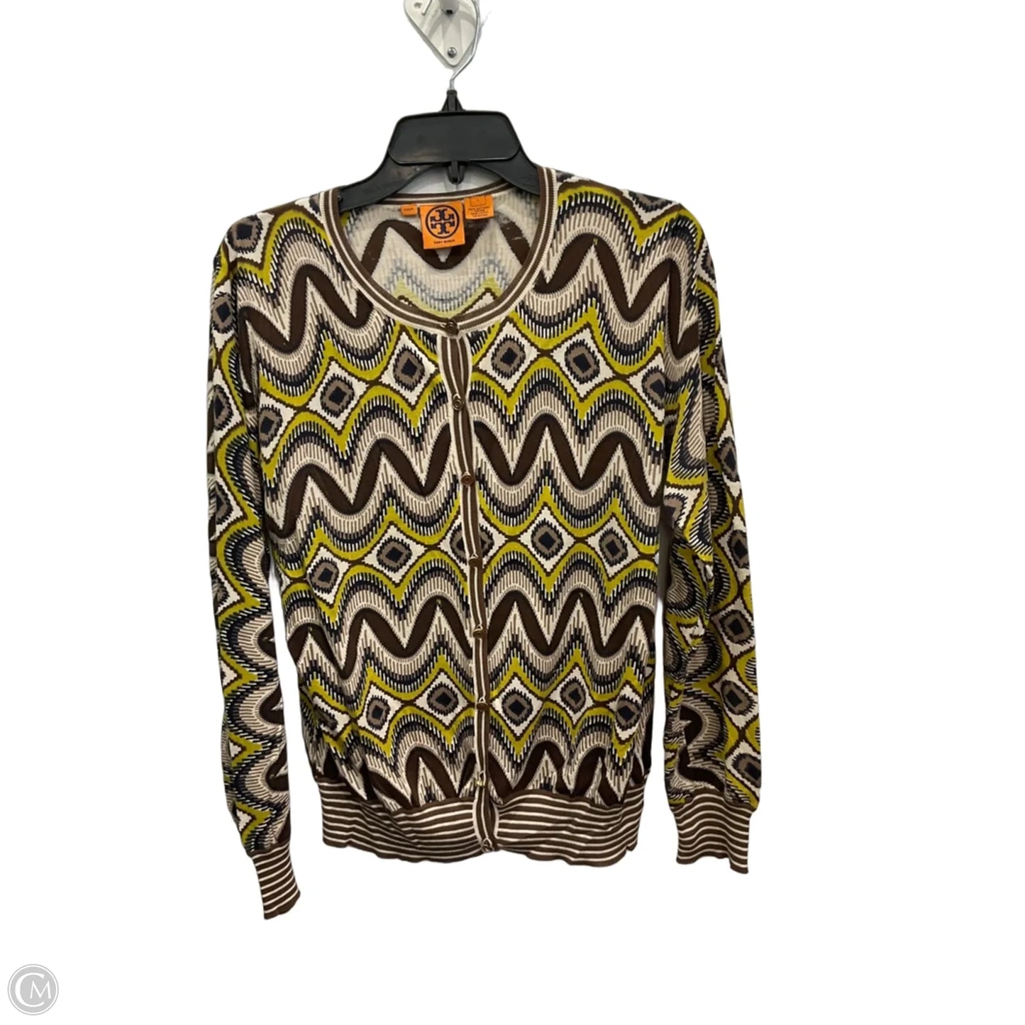 Cardigan Designer By Tory Burch In Brown & Yellow, Size: L